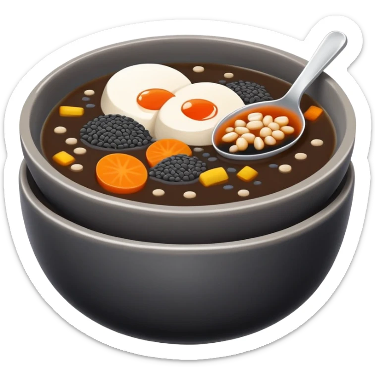 Black sesame soup sweet dessert in bowl, simplified emoji style with bold outlines and bright colors, cartoon style Zhi Ma Hu traditional Chinese treat sticker