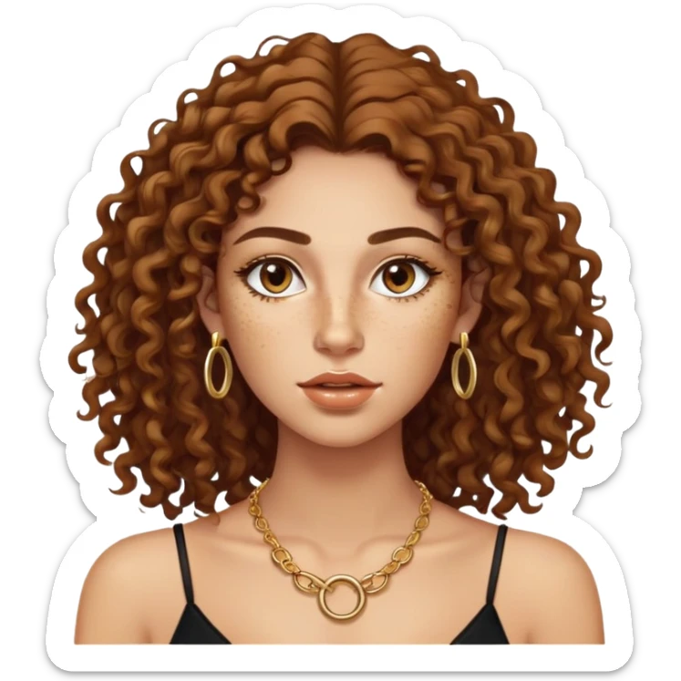 Attractive Greek woman with freckles, long curly hair, gold hoop earrings, small necklace, and lip liner on her lips sticker