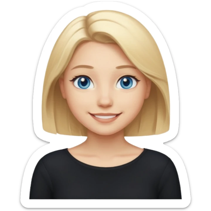 a new character a girl with shoulder length blonde hair wearing black clothes and wearing a cheeky smile she has blue eyes sticker