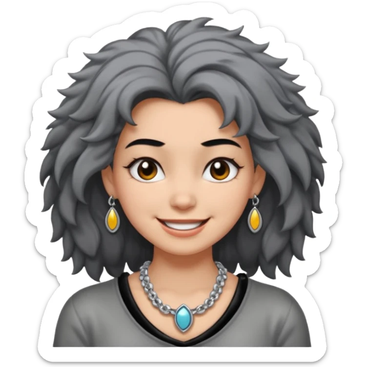 Female with very big Silver Necklace, grey skin,Black full fuzzy hair, more bright silver,highlight necklace, different expressions. sticker