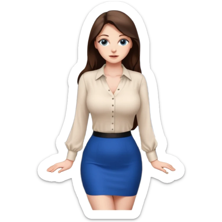 sexy woman brunette, very large breasts, pale skin, blue eyes, long brown hair, tight white blouse, short black skirt. office.  sticker