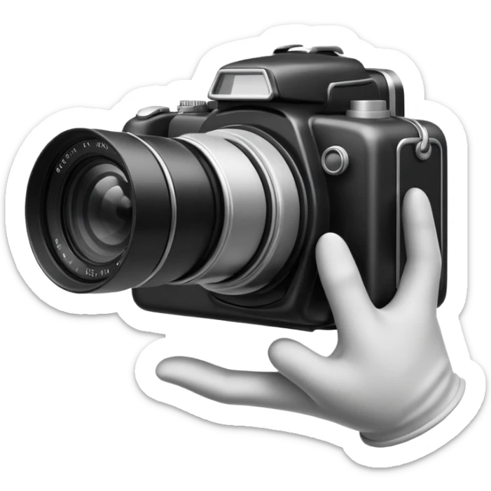 Minimalist emoji-style sticker of a photo camera ejecting a photo, but a hand comes out instead. Black and white, surreal icon.
 sticker