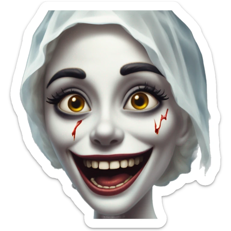 Laughing undead bride in Uncle Scrooge style, oil paint, mysterious eyes, intricate lips, masterpiece pose, odd perspective, beautiful, desirable, logical sticker