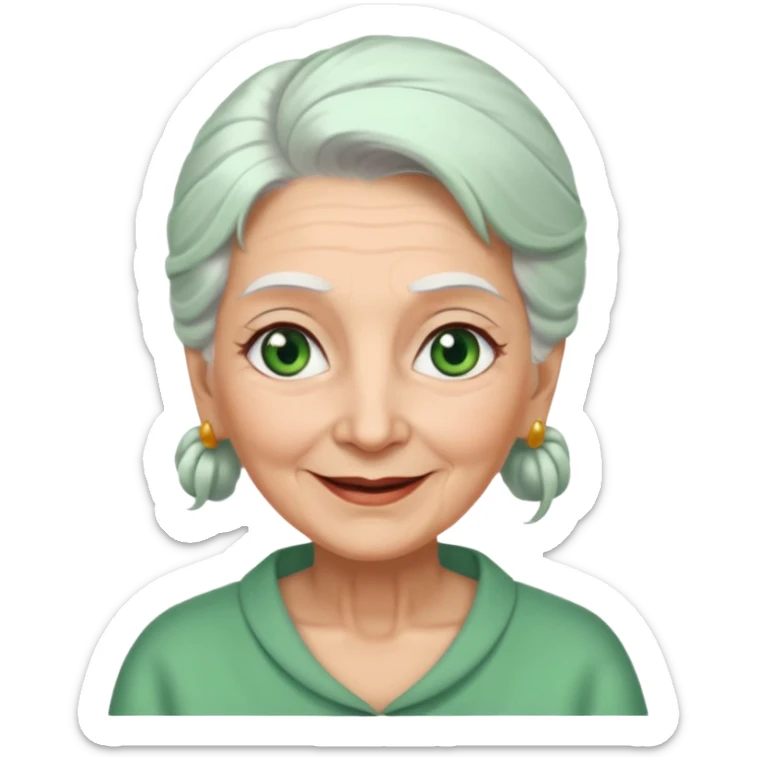 abuela con ojos verdes, pelo blanco, pelo blanco y amarrado, aspecto feliz sticker