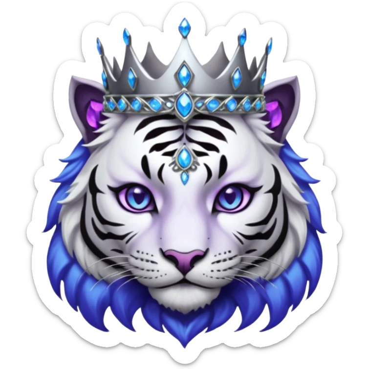 ESO Female white/black tiger khajiit leader of the umbral rose, glowing blue eyes, glowing blue 'third eye' gem; silver crown/tiara with purple gems  sticker