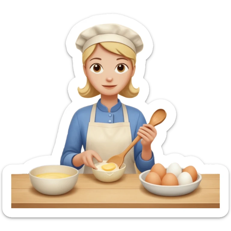 A carton of eggs, butter and a cream ceramic baking bowl with a wooden spoon in it sticker