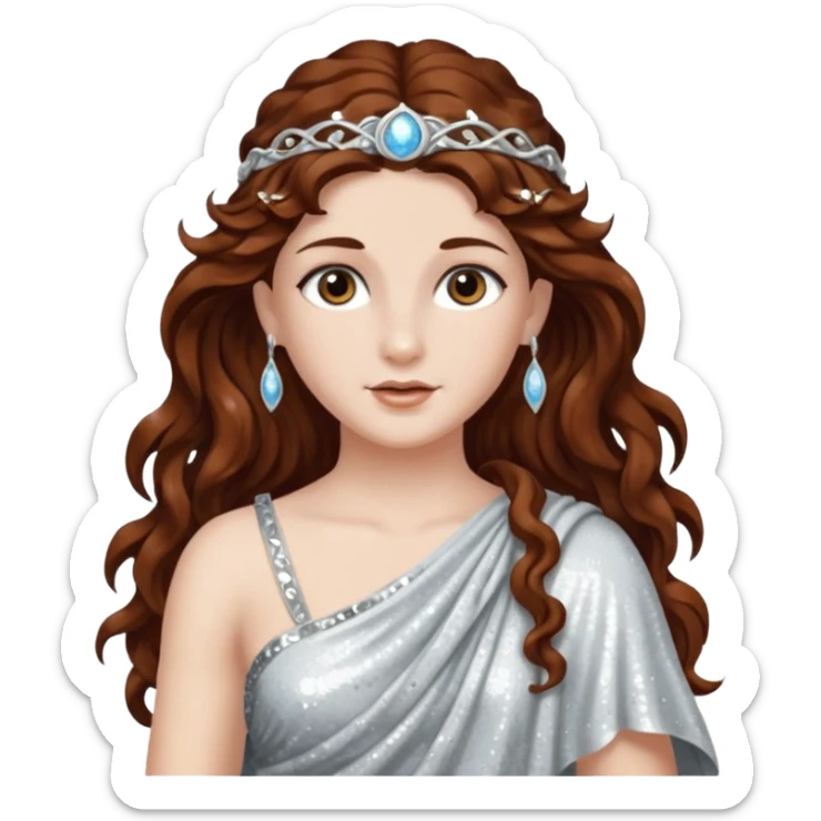 Diana, Goddess of Moon from Roman Deities with long dark auburn wavy hair, silver sequin toga sticker