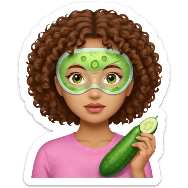 lightskin girl having a spa day with green skincare facemask and cucumbers on her eyes and brown curly hair and a pink shirt  sticker