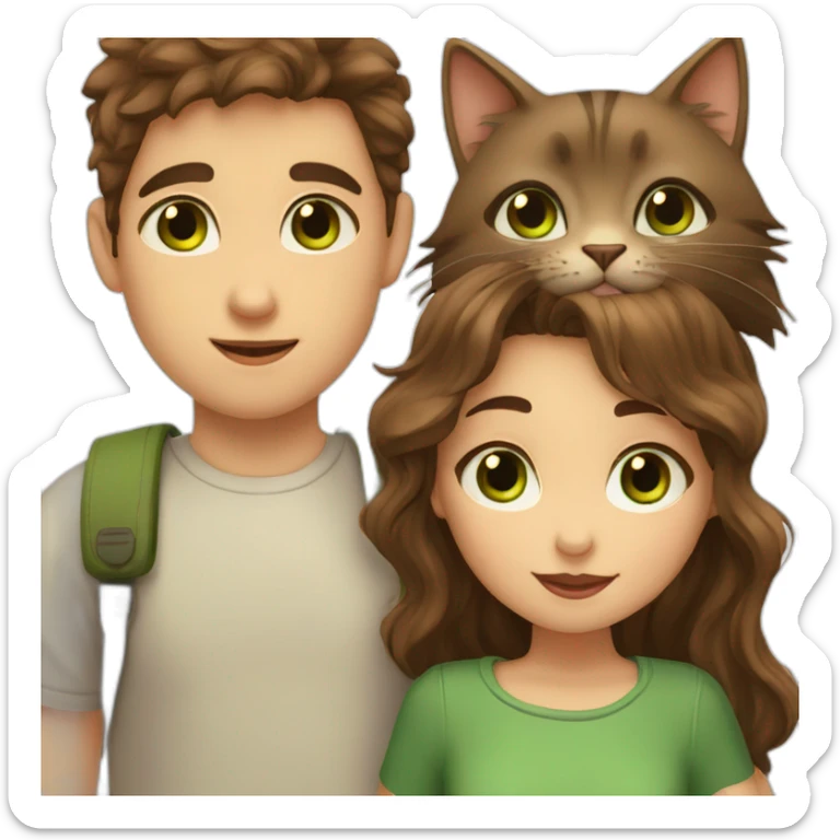 Girl with brown eyes and brown hair kisses the boy with brown hair and green eyes and hugs brown cats sticker