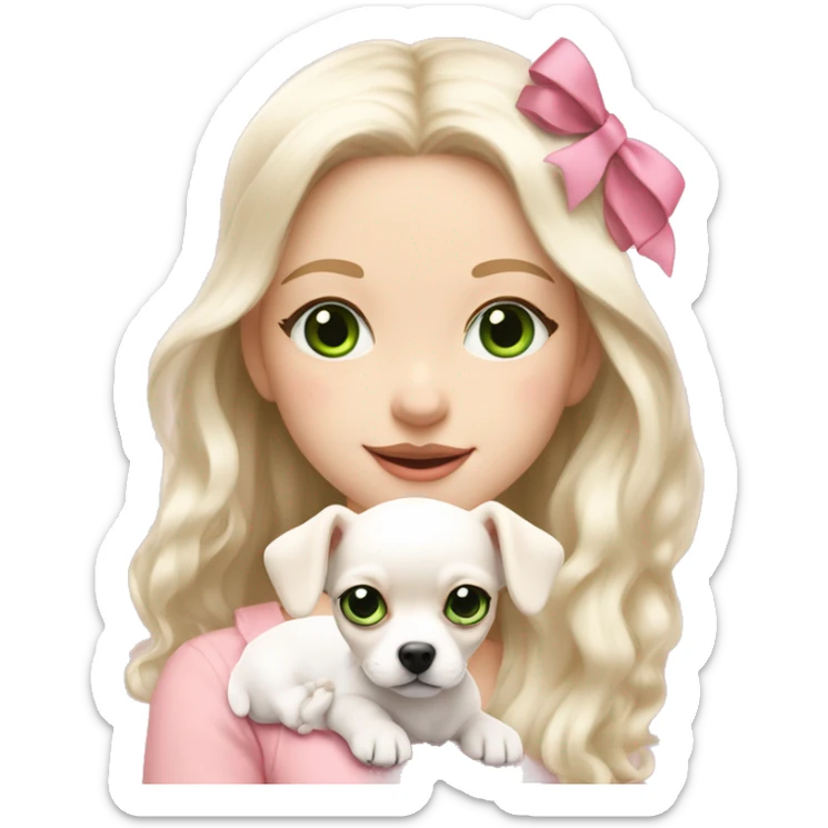 pale blond yt girl with wavy long platinum white hair with bright green eyes holding a white chihuahua puppy that wearing a pink bow sticker