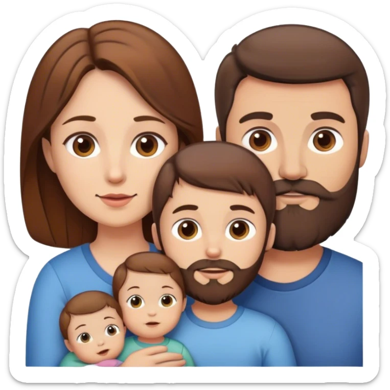 Famille 4 personne 1 petit garçon  aîné cheveux châtain 1 bébé fille châtain  1 père brun barbu  1 mère brune  sticker