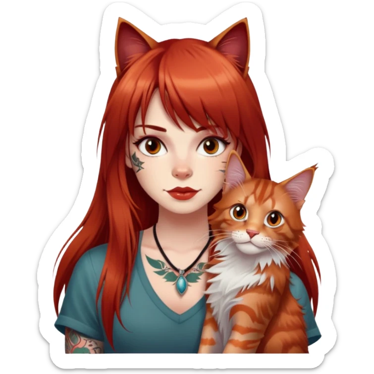 girl with long red  straight bangs hair and tattoos and a Maine Coon sticker