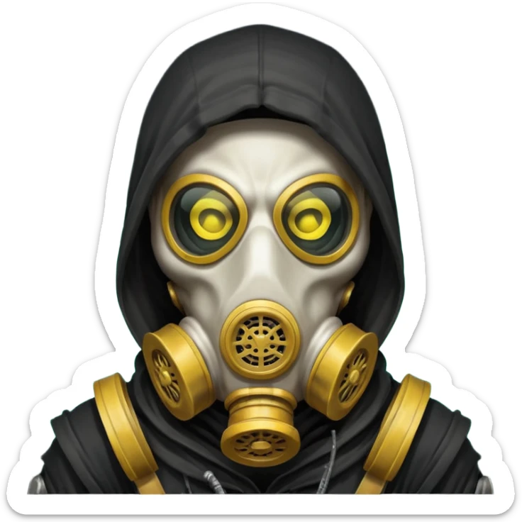 skeleton wearing a gas mask portrait, head and shoulders only, dark hood, glowing eyes inside mask, post-apocalyptic vibe, 3D cartoon, mobile game icon style, clean background, no text, no watermark
 sticker