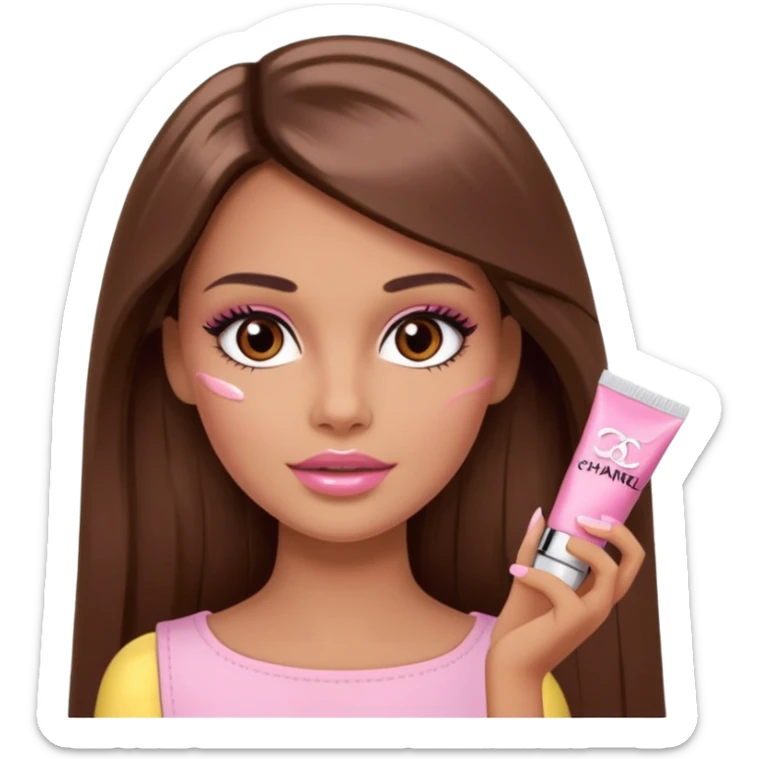 Barbie girl a brown long Straight hair and brown eyes is In pale pink smears by hand cosmetic cream Chanel on her face sticker