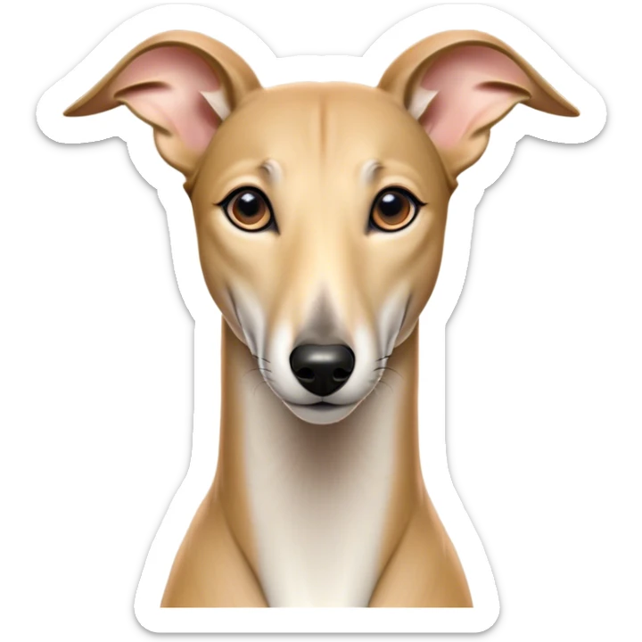 Cinematic Noble Fawn Greyhound Portrait Emoji, Poised and regal, with a slender, aerodynamic build and a smooth, elegant fawn Fur, deep-set soulful eyes, Simplified yet sharp and sophisticated features, highly detailed, glowing with a soft, dignified glow, high shine, intelligent and agile, stylized with an air of grace, focused and attentive, soft glowing outline, capturing the essence of a watchful and swift companion, so majestic it feels as though it could dash out of the screen with effortless authority! sticker