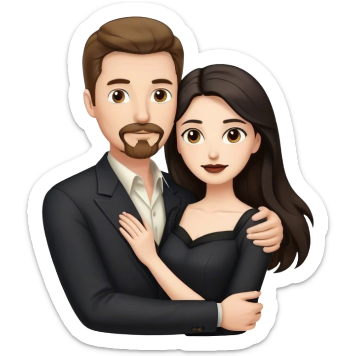 tall white man with brown hair goatee mustache embracing a pale woman with long black hair, wearing elegant clothing sticker