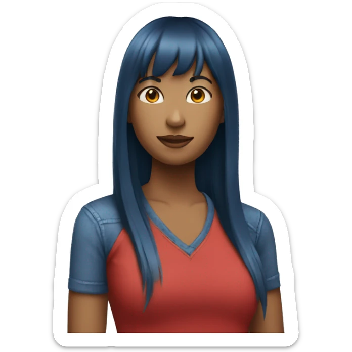 woman with long straight hair and bangs with red shirt and blue jeans standing  sticker