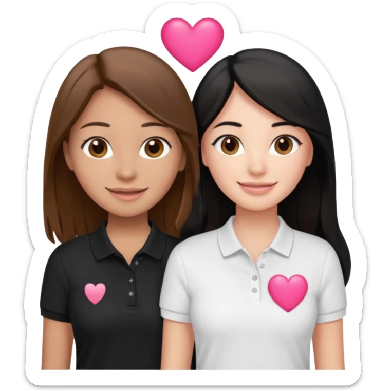 Dos mujeres juntas que una sea de color trigueña cabello castaño con una raya en medio polo blanco y de color blanca cabello largo negro polo negro,    y tengan un corazon rosado arriba sticker