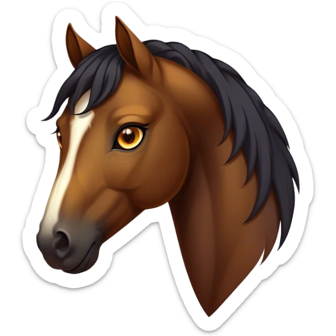 Cinematic Noble Bay Horse Portrait Emoji, Poised and regal, with a strong, athletic build and a rich, well-groomed bay fur accented by a dark mane and tail, deep-set soulful amber eyes, Simplified yet sharp and sophisticated features, highly detailed, glowing with a warm, dignified glow, high shine, intelligent and majestic, stylized with an air of equine elegance, focused and attentive, soft glowing outline, capturing the essence of a watchful and confident steed, so majestic it feels as though it could gallop out of the screen with effortless authority! sticker