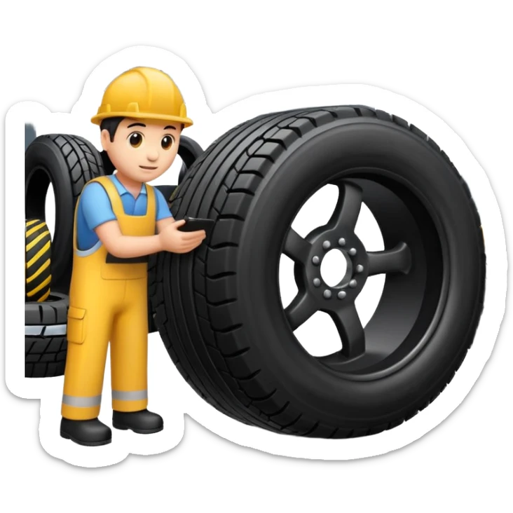 please draw me a emoji of tire - inside the manufacturing factory - getting inspected by machine not the human - the machins is checking uniformity - machine is complicated  sticker