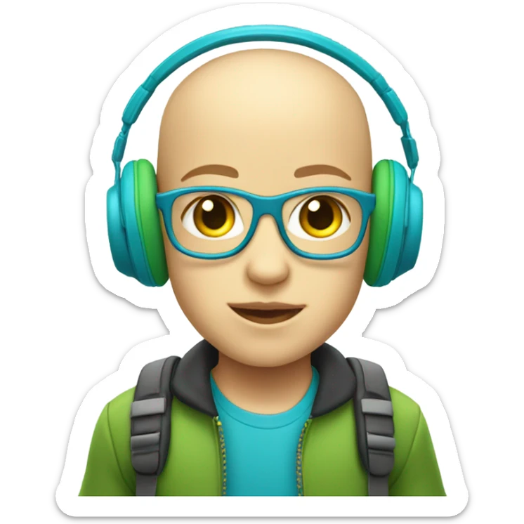 bald child with big blue and green headphones with slighlyn yellow skin sticker