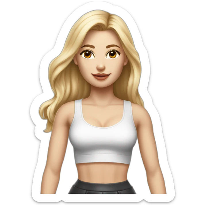 hyperrealist caucasian, long blonde hair, brown eyes, woman, white decollette tank top, gray tight mini skirt, black high heels, frontal view sticker