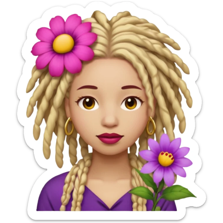Gold dread locs pink emoji face purple flower in the hair red lipstick sticker