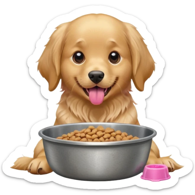 dog with dog food in bowl in front of him, tongue out sticker