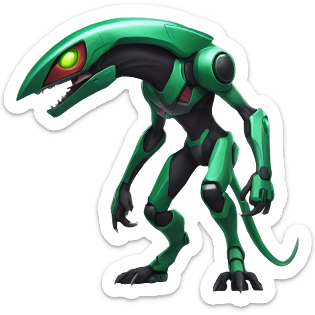 a black-green Genesect-Raptor-Fakémon—hybrid with a futuristic visor-helmet full body sticker