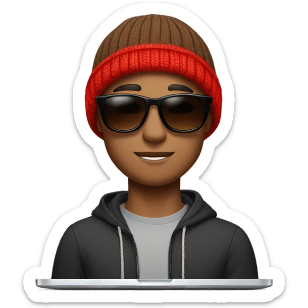 brown short hair man in his 20s with sunglasses and a red beanie with a pom-pom, has AirPods in and is on a Mac laptop sticker