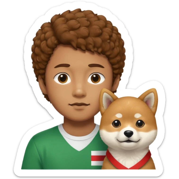 Italy flag shirt boy with chin hairs brown curly hair next to Shiba Inu sticker