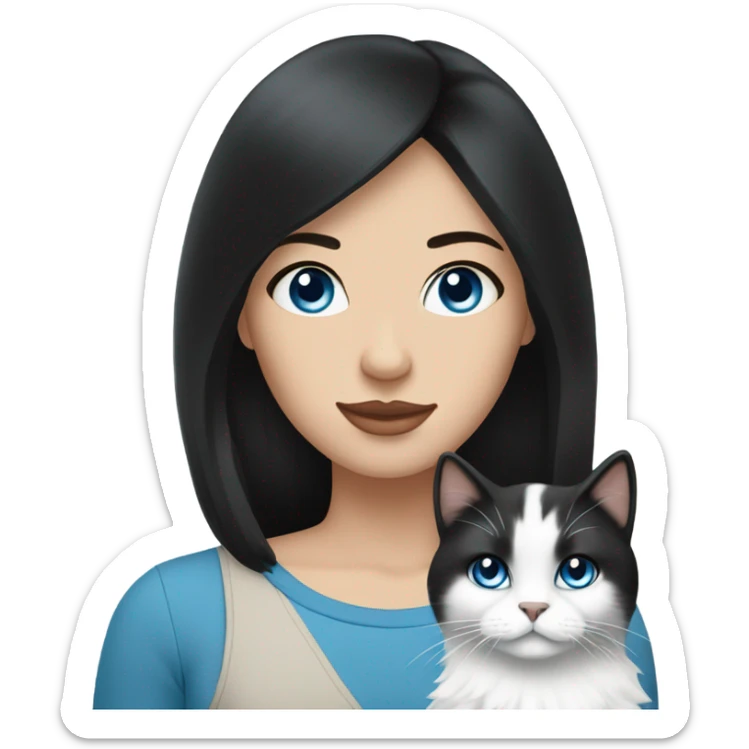 woman with black hair and holding a all white Siberian cat with blue eyes sticker