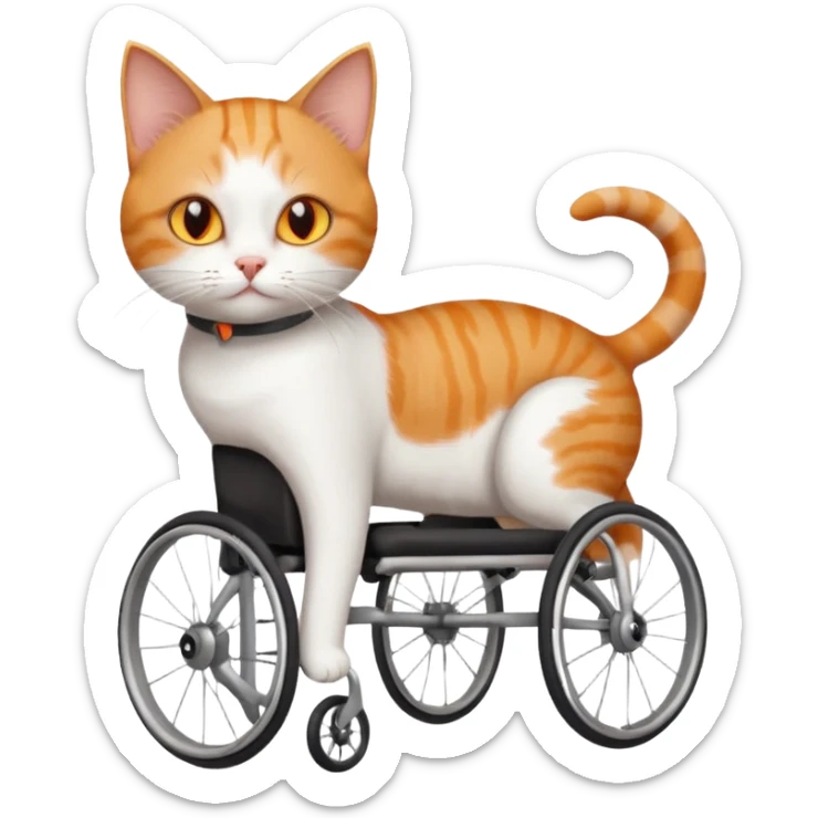 full body small short hair ginger and white cat with orange eyes walking in a wheelchair for cats sticker