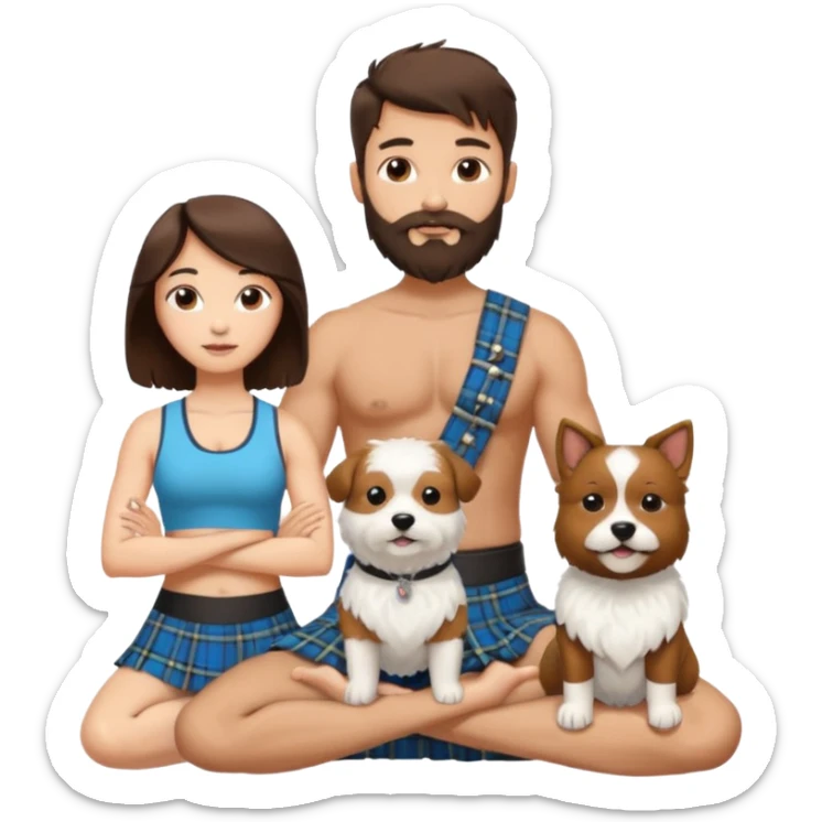 emoji of brunette man with beard wearing kilt, brunette woman in yoga outfit and one white fluffy dog sticker