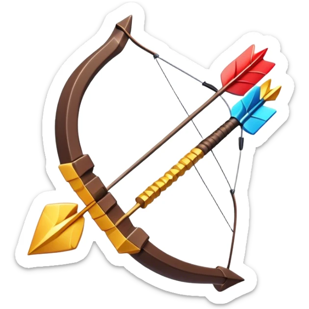 Clash of Clans aesthetic: Cinematic Playful Pixel 3D Bow & Arrow Portrait Emoji, rendered in a 3D vector-style similar to standard emojis with minimal shading and bold, simplified shapes. A compact, distinct form with signature details, softly glowing with a pixelated adventure charm. Simplified yet unmistakably iconic, highly detailed and consistent, glowing with a soft radiance and high shine. Stylized with a touch of classic pixel-art charm and a soft glowing outline, capturing the essence of a beloved gaming relic with a friendly, playful manner! sticker