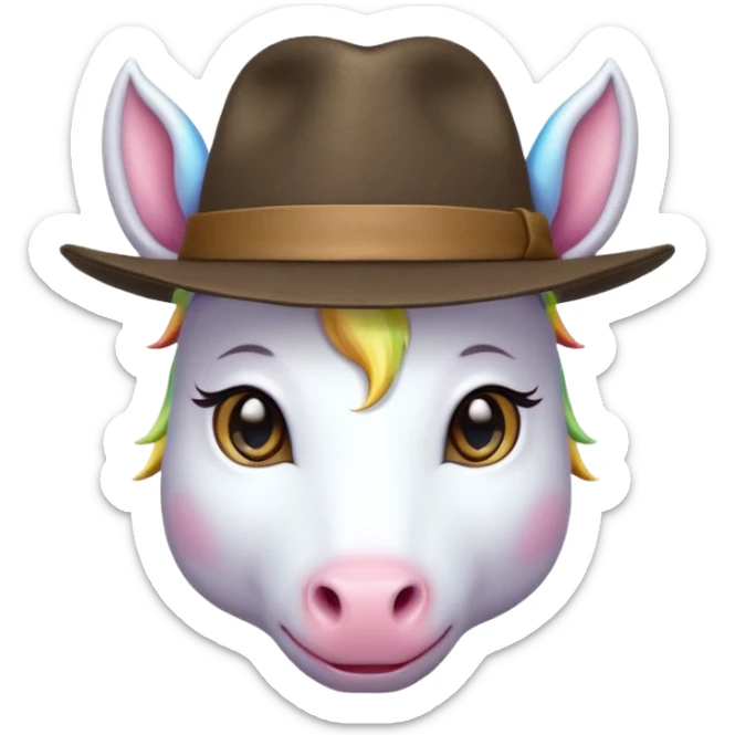 unicorn face cute wearing fedora, horn piercing through the hat looking in the camera sticker