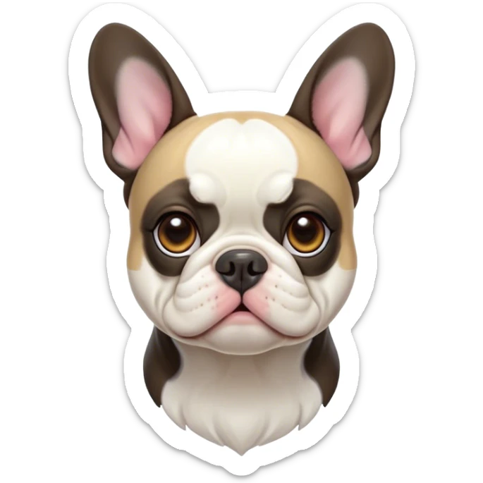 Cinematic Noble Pied French Bulldog Portrait Emoji, Radiating regal yet playful charm, with a distinctive pied fur of contrasting hues and a sculpted, expressive face featuring gentle, wise eyes and a confident stance, simplified yet artistically detailed, glowing with a soft, sophisticated radiance, high shine, exuding intelligent nobility and refined flair, soft glowing outline, capturing the essence of a noble Pied French Bulldog that embodies both strength and grace! sticker