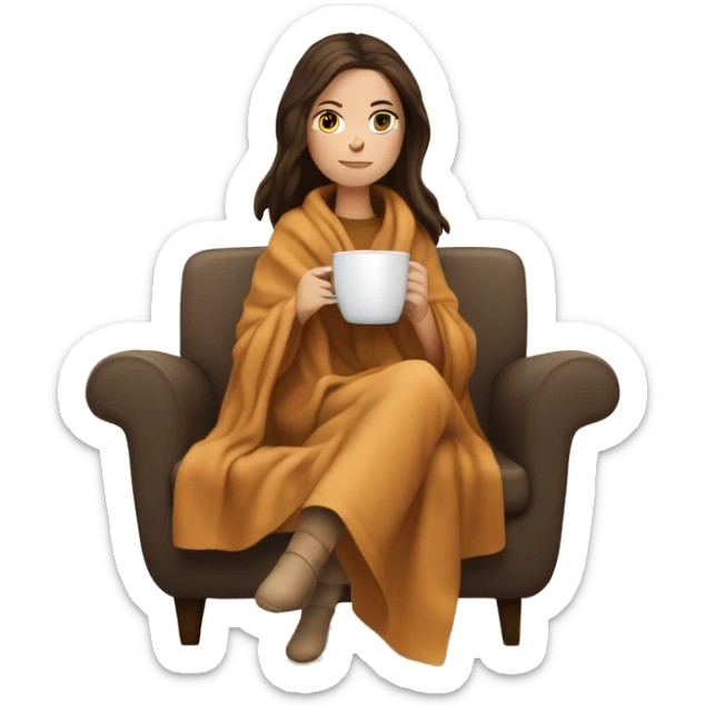 Brunette white girl covered in blanket autumn vibe sitting on a cozy chair holding coffee sticker