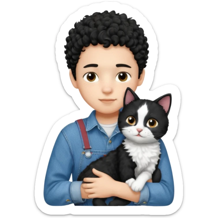 Apple emoji of a 13-year-old boy with short black curly hair, light skin, dark brown eyes, wearing a denim shirt and overalls, hugging a black and white cat. sticker