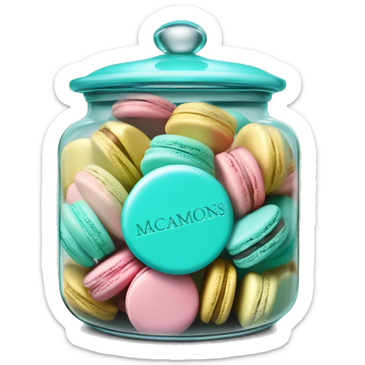 Realistic isolated glass cookie jar with tiffany blue lid and filled with colorful macarons inside of it. sticker