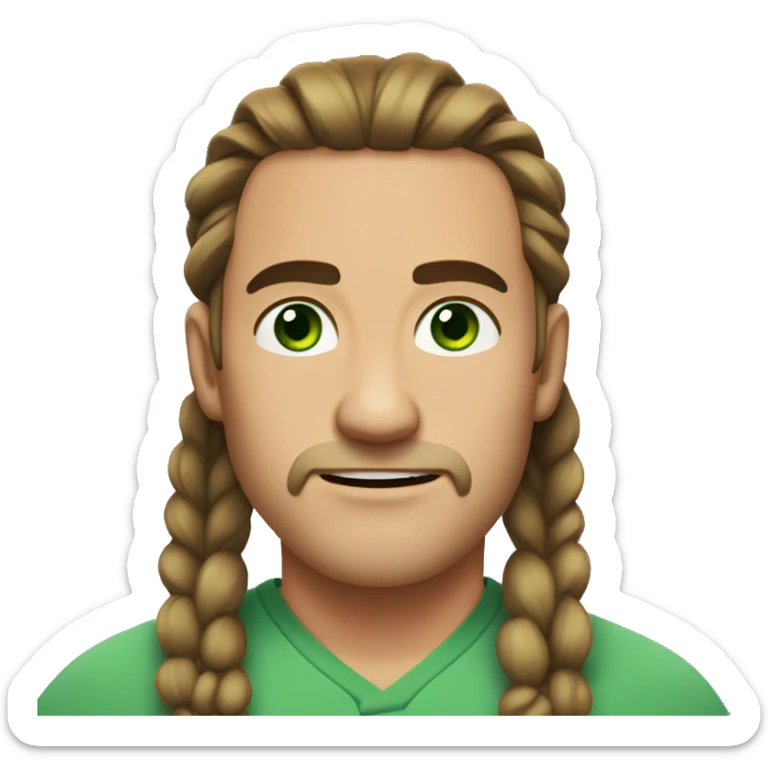 a man with long hair in a ponytail and parted in the middle, no beard, dark brown eyebrows, green eyes sticker