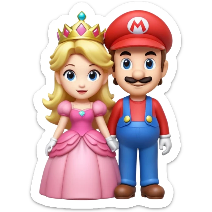 Isolated, detaile illustration of the most incredibly adorable Mario and princess peach
figurine imaginable, toy style. sticker