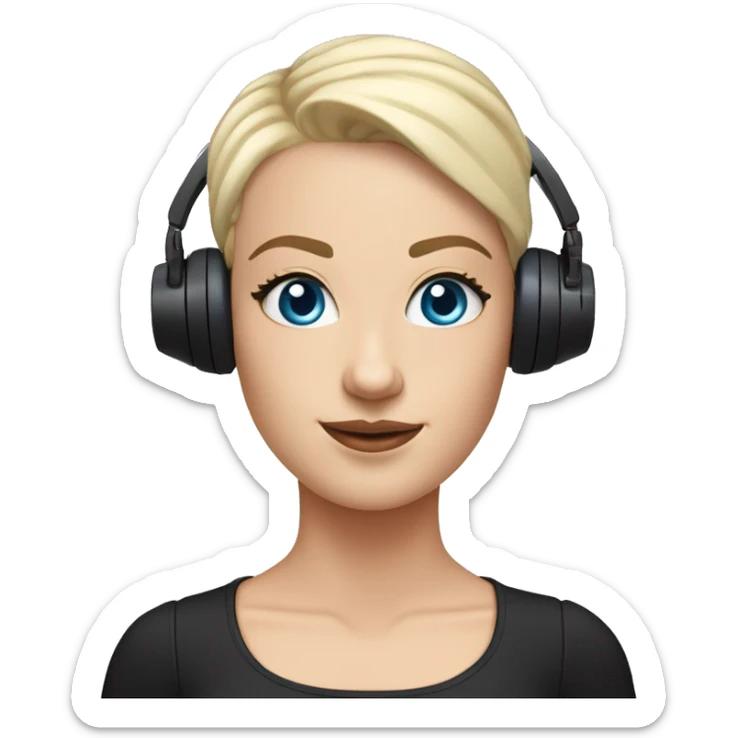 Buzz cut white girl, blue eyes, all black outfit, drone headset placed on TOP of head sticker