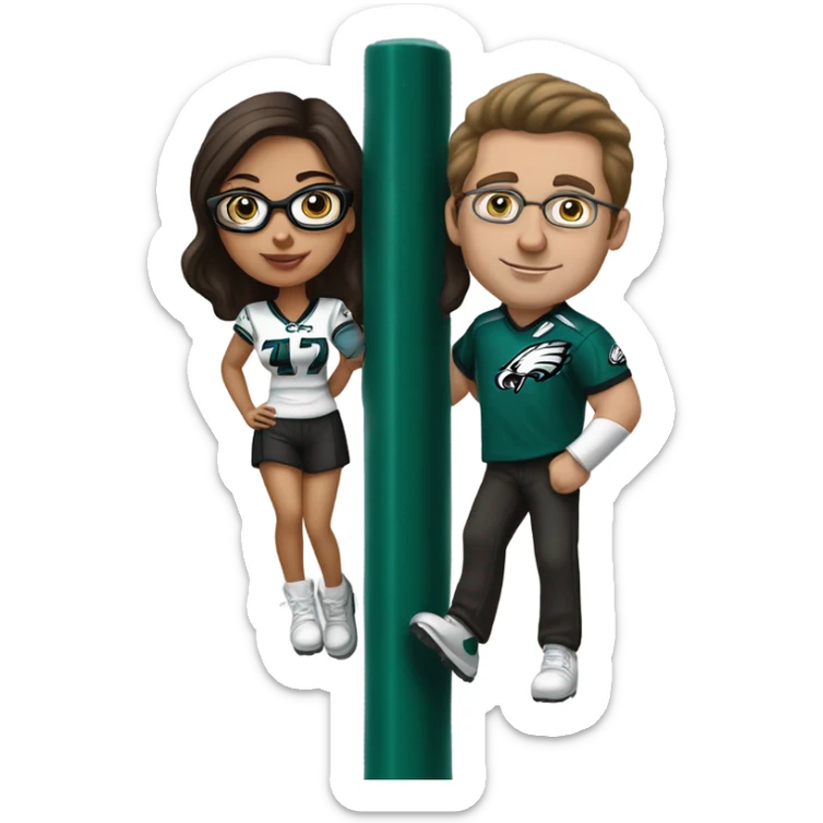 Dark brown hair female with glasses and white male with light brown hair who are both eagles fan climbing up a pole sticker