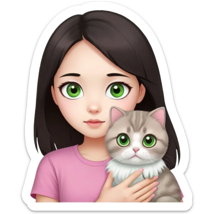 This Chinese girl's got fair skin and big black eyes. She's got long dark brown hair and she's wearing a pink t-shirt. She's holding a Scottish Fold cat. The cat's got light green eyeballs and white fur. sticker