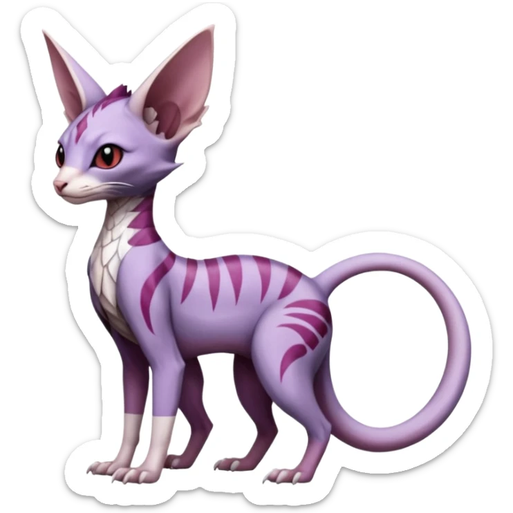 scaly, Purple, white, black, Minccino-Sphynx-Lykoi-Linoone-Zangoose-fusion-hybrid-animal-Fakémon-creature, full body, thin long sleek scaly tail, intricate markings sticker