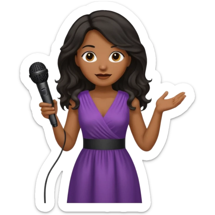 Middle age, long wavy black hair, brown skin, wearing dress, holding mic sticker