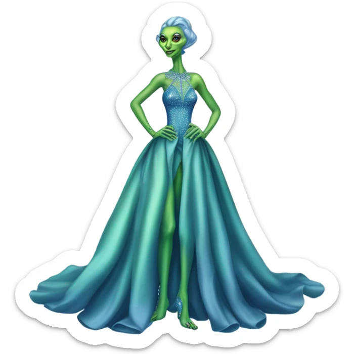 reptilian green alien woman, in long slim pastel blue formal party satin dress with gradient shiny sparkling navy blue diamonds embroidered, full body full figure sticker