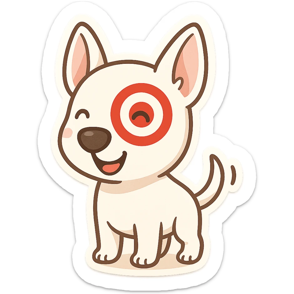 cute cartoon of Target store bullseye dog, standing, wagging tail, red bullseye on right eye, happy expression, chibi stickers style sticker