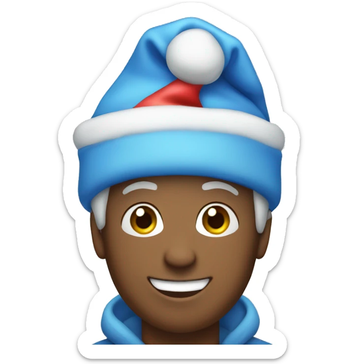 Person wearing a blue santa hat and smiling with a bag of gifts sticker